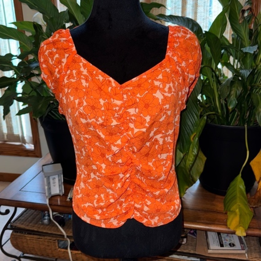 Vibrant Orange Ruched Fitted Blouse